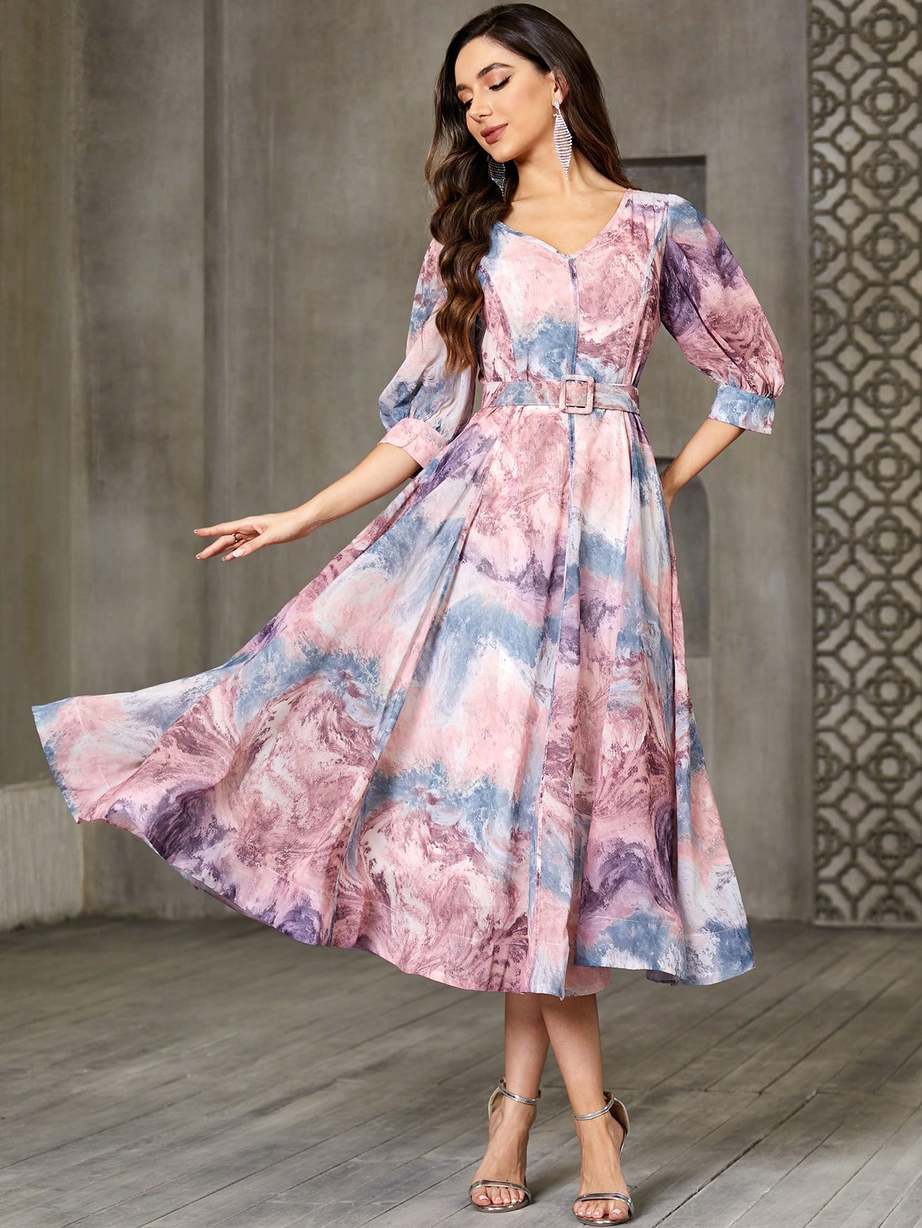 Printed Puff-Sleeve V-Neck Maxi Dress