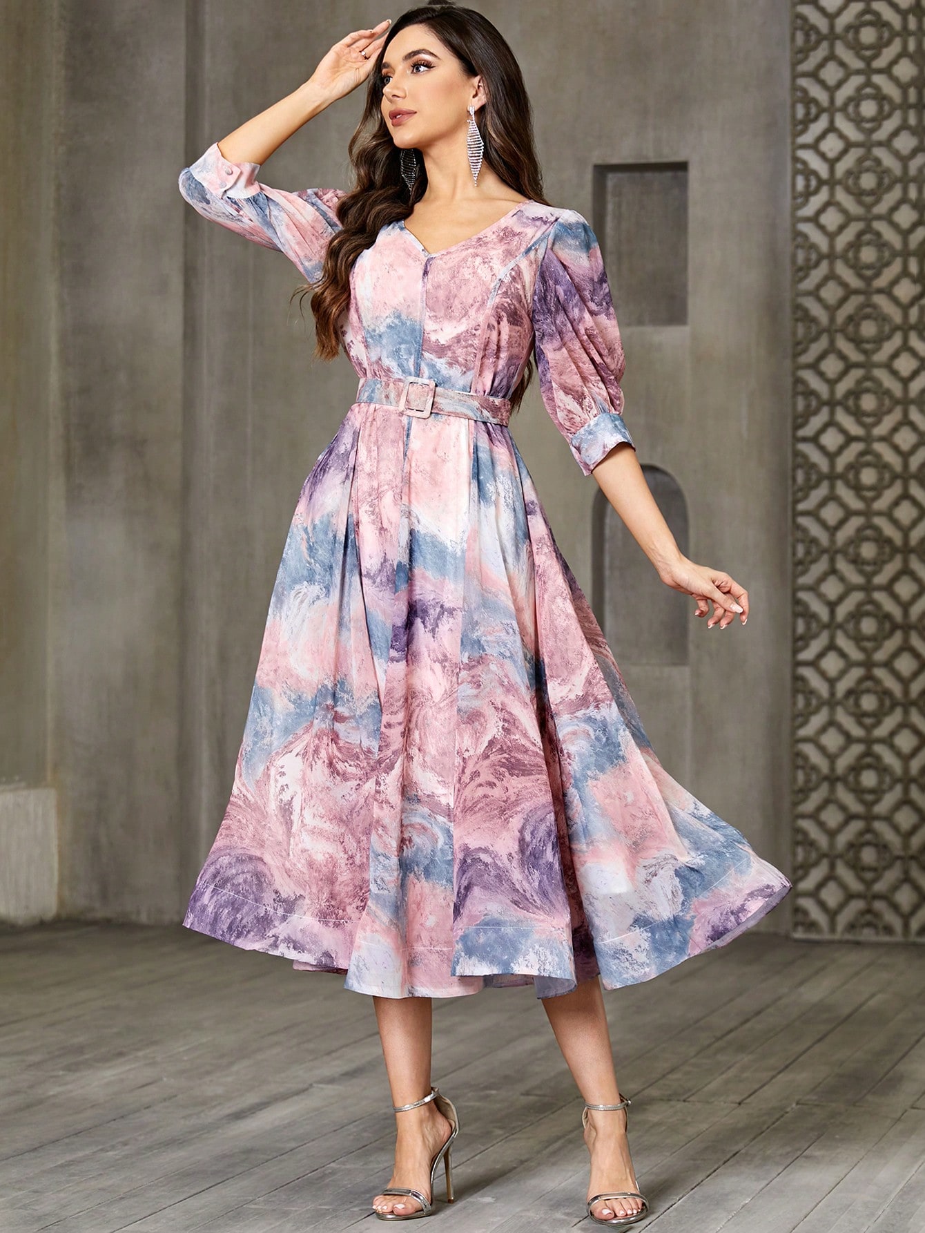 Printed Puff-Sleeve V-Neck Maxi Dress