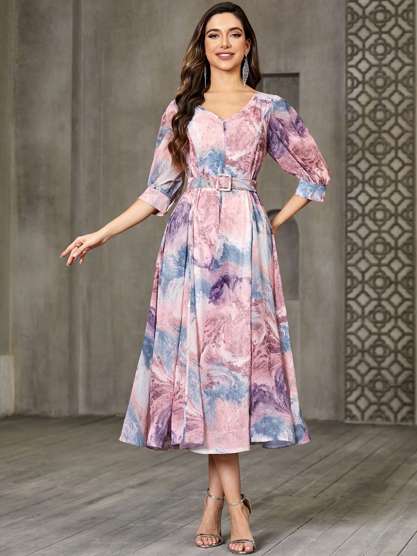Printed Puff-Sleeve V-Neck Maxi Dress
