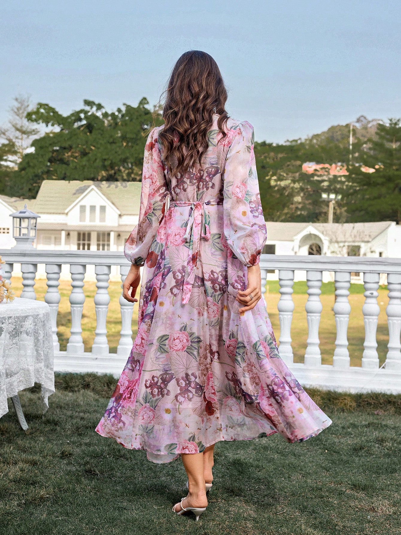 Puff Sleeve Embellished Self-Tie Belt Printed Dress