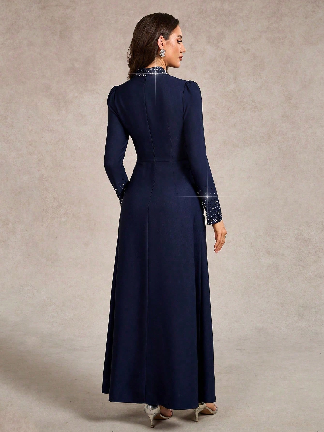 Stand-Collar Puff-Long-Sleeve Crystal-Embellished Dress