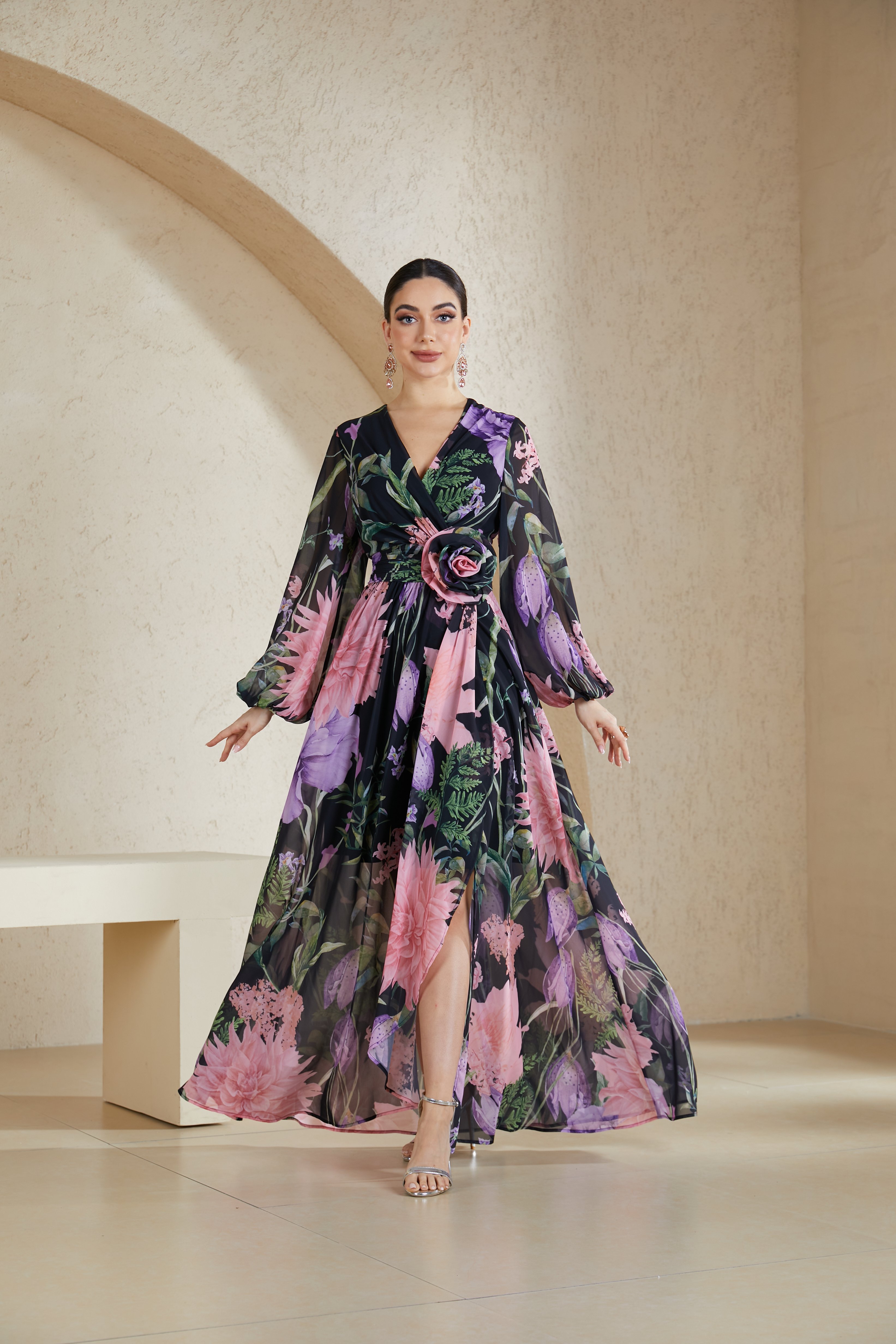 All-Over Printed Random-Cut Slit Dress