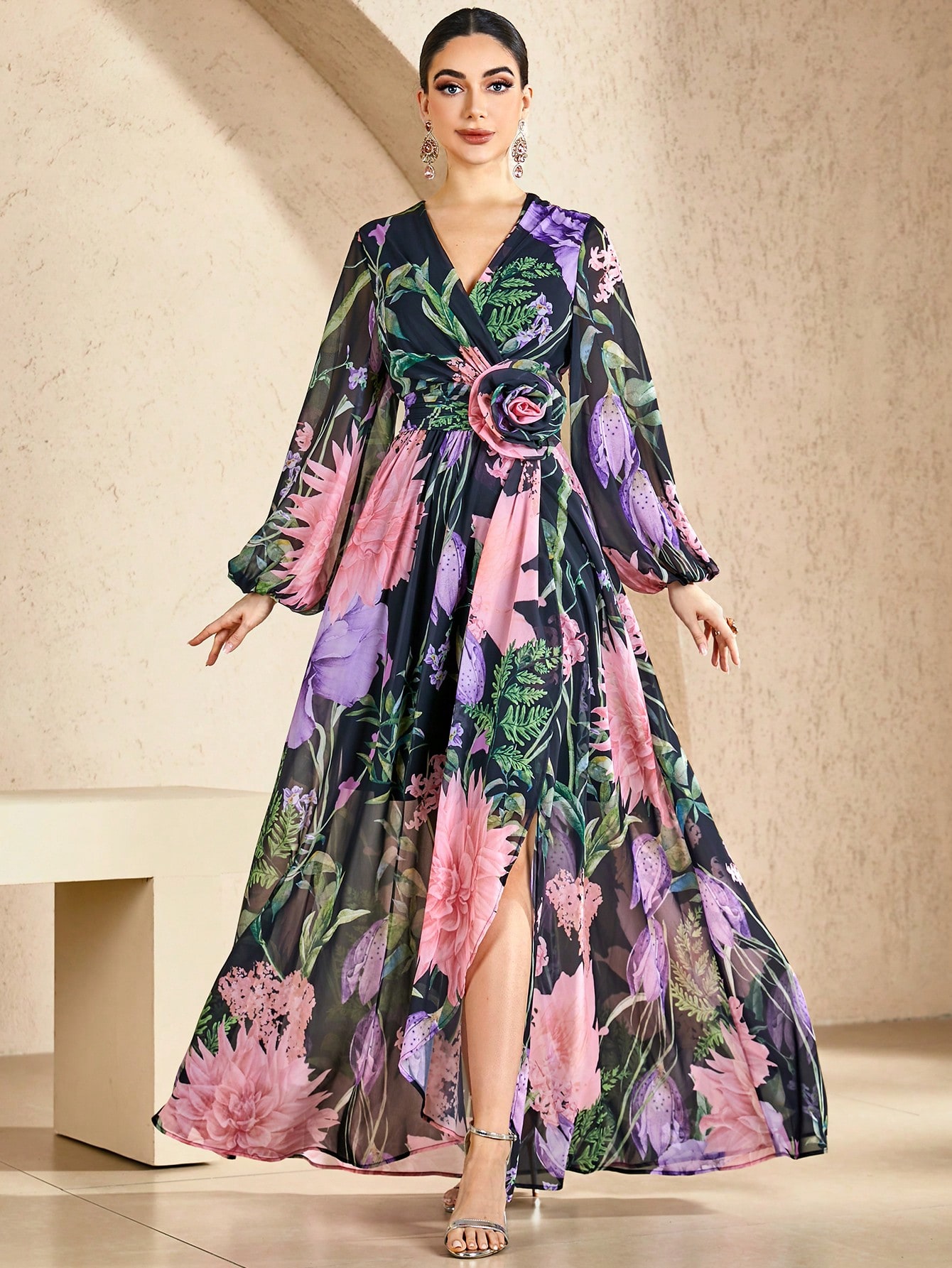 All-Over Printed Random-Cut Slit Dress