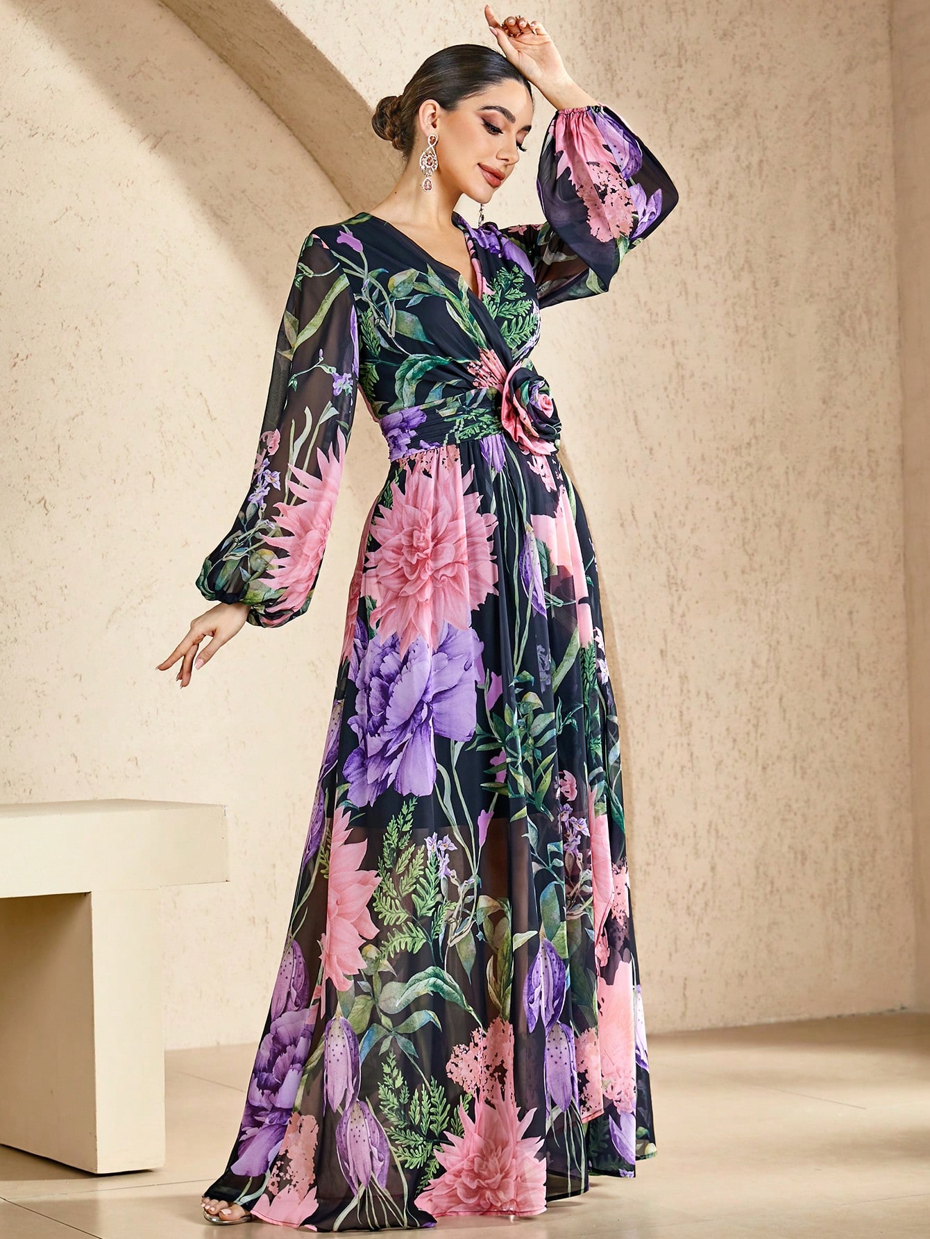 All-Over Printed Random-Cut Slit Dress