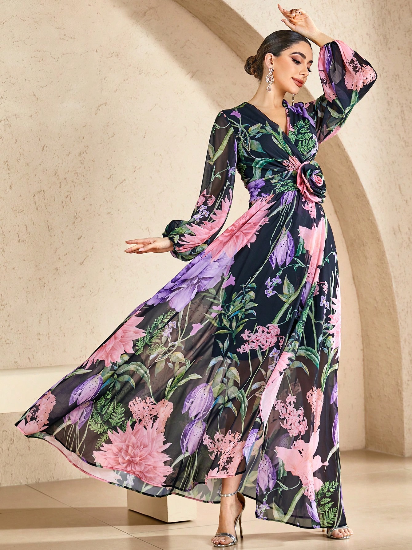 All-Over Printed Random-Cut Slit Dress