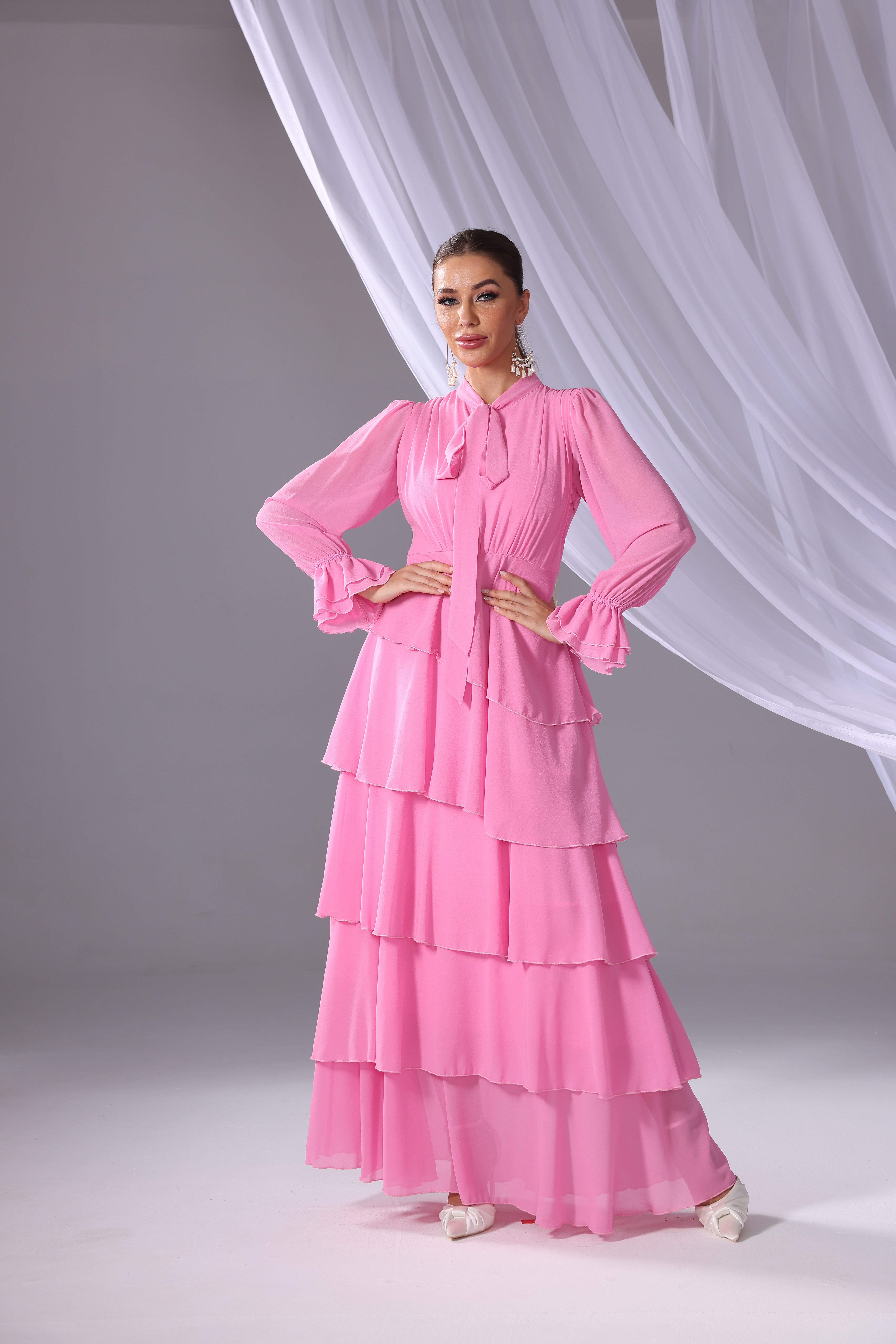 Solid Long-Sleeve Ruffled-Hem Dress