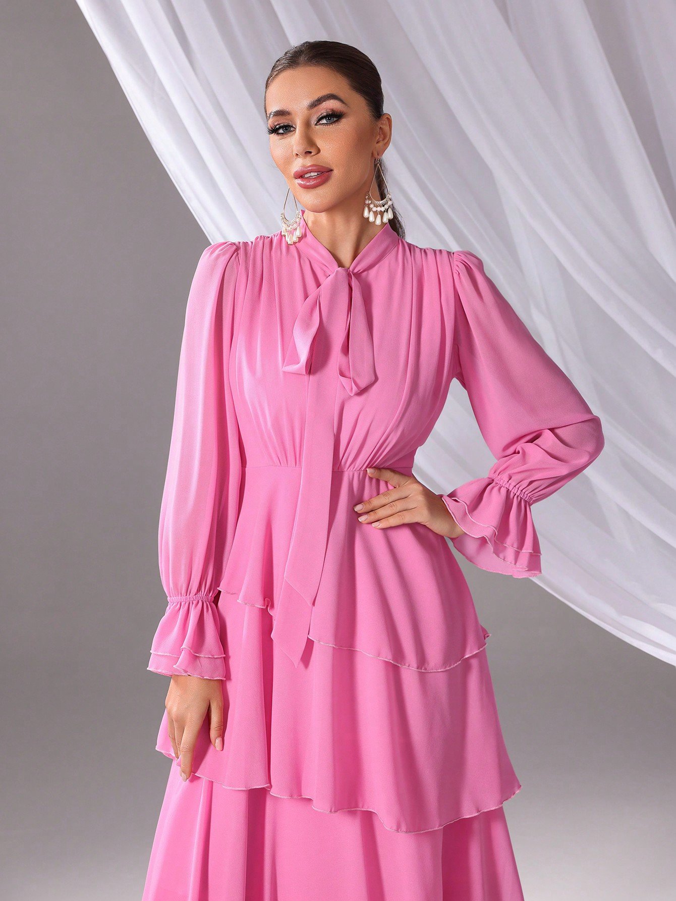Solid Long-Sleeve Ruffled-Hem Dress