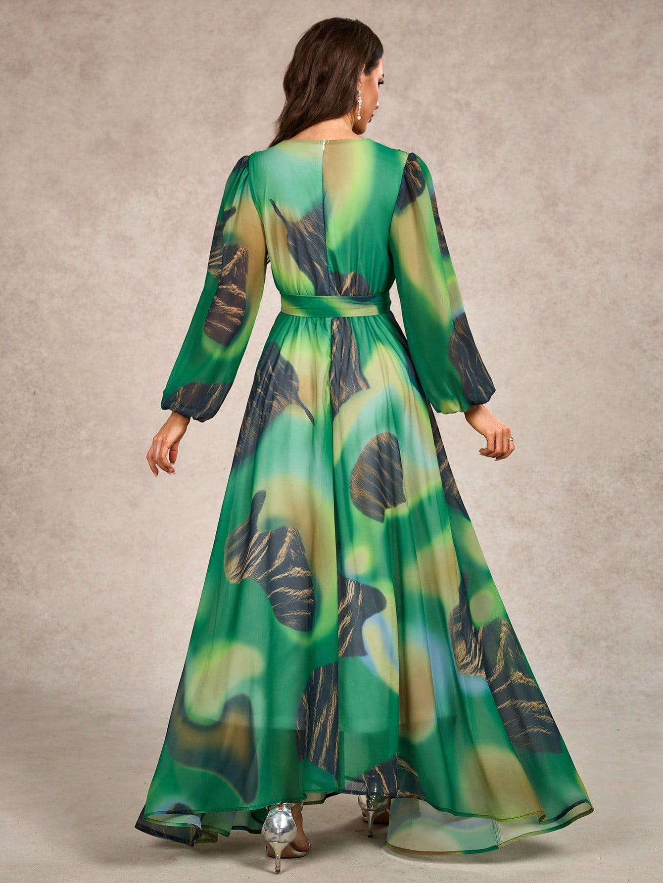 V-Neck Cross-Wrap Printed Long-Sleeve Dress