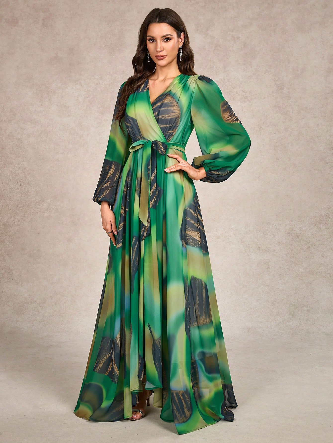 V-Neck Cross-Wrap Printed Long-Sleeve Dress