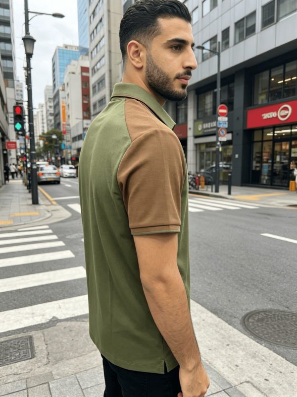 قميص بولو بياقة بسحاب وأكمام مباينة أخضر