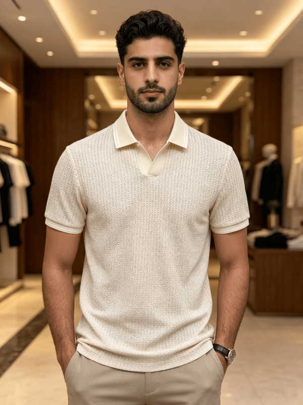 تيشيرت بولو منسوج بأكمام قصيرة بيج