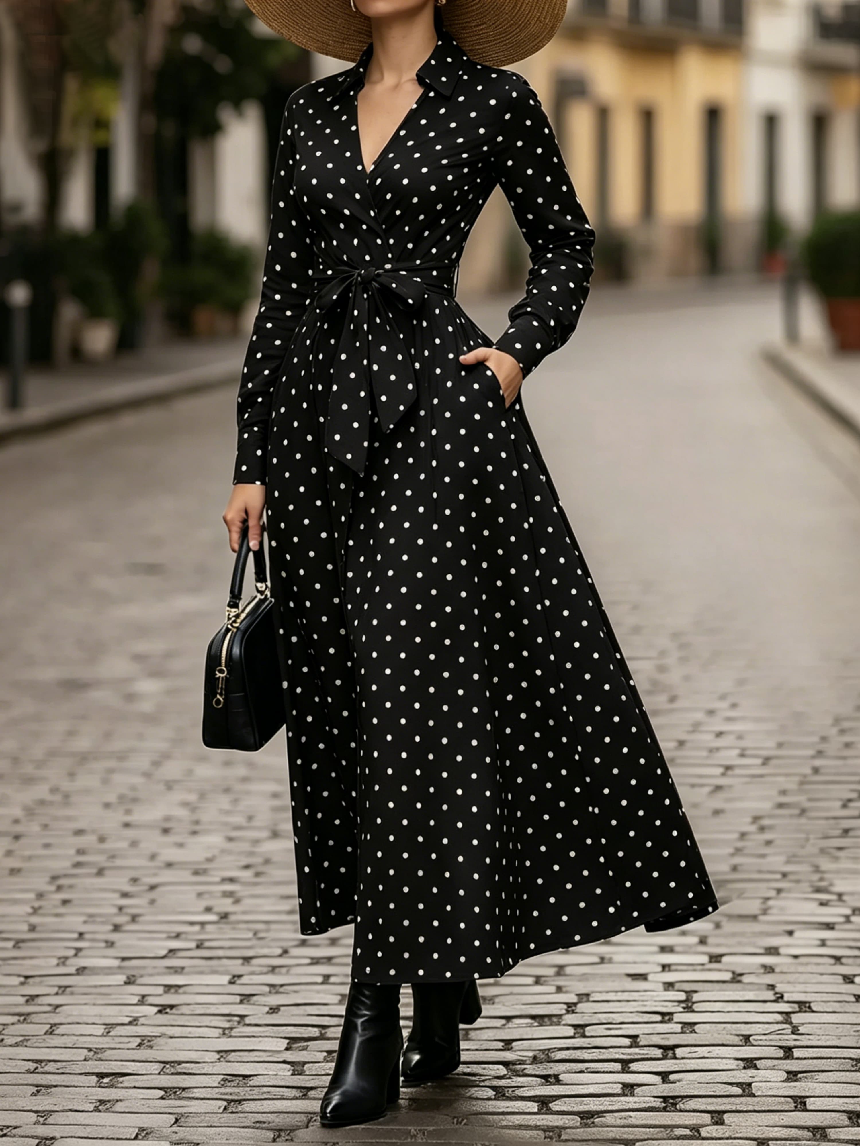 Black Polka Dot Collared Shirt Maxi Dress with Belted Waist and Pockets