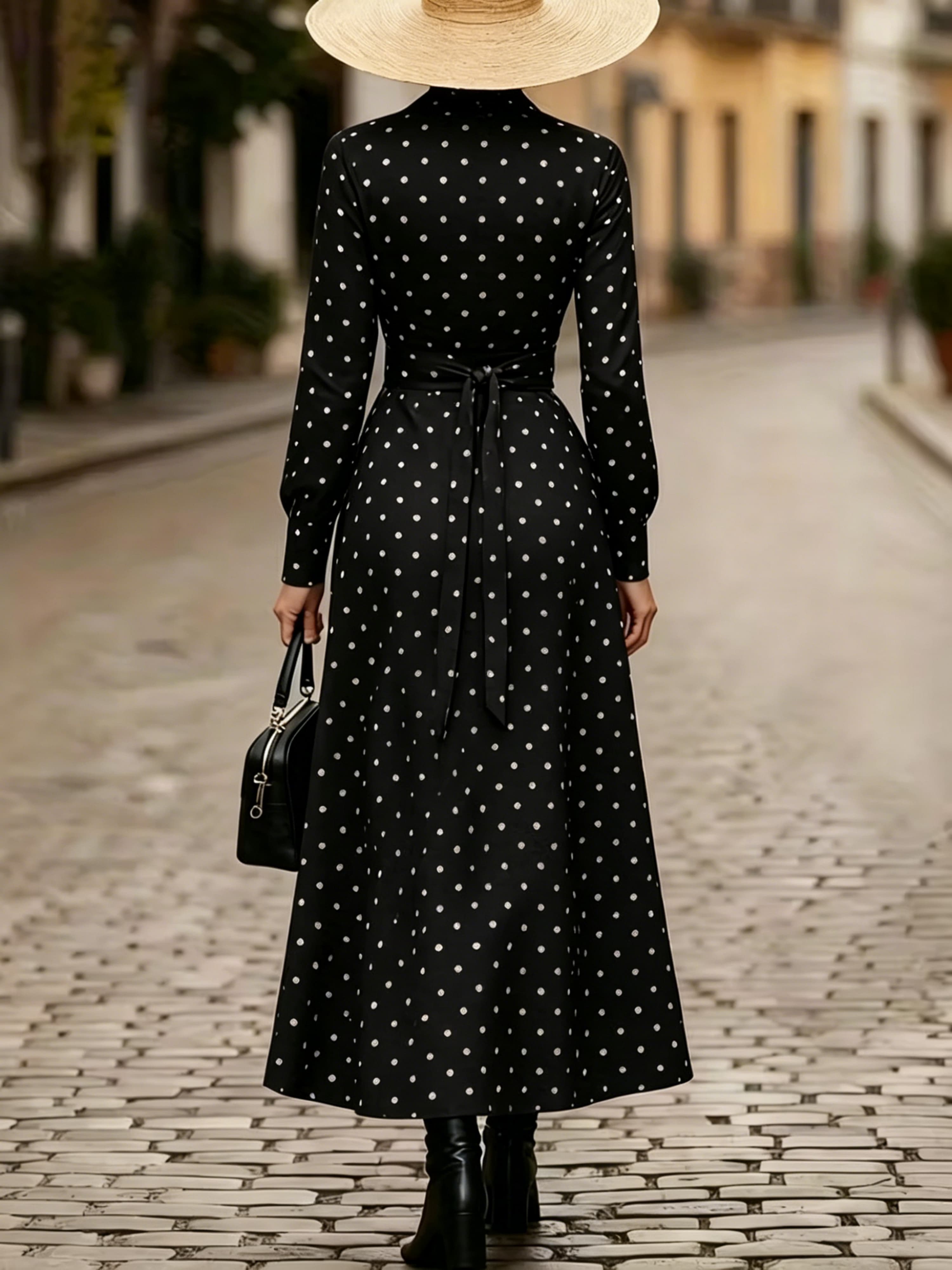 Black Polka Dot Collared Shirt Maxi Dress with Belted Waist and Pockets