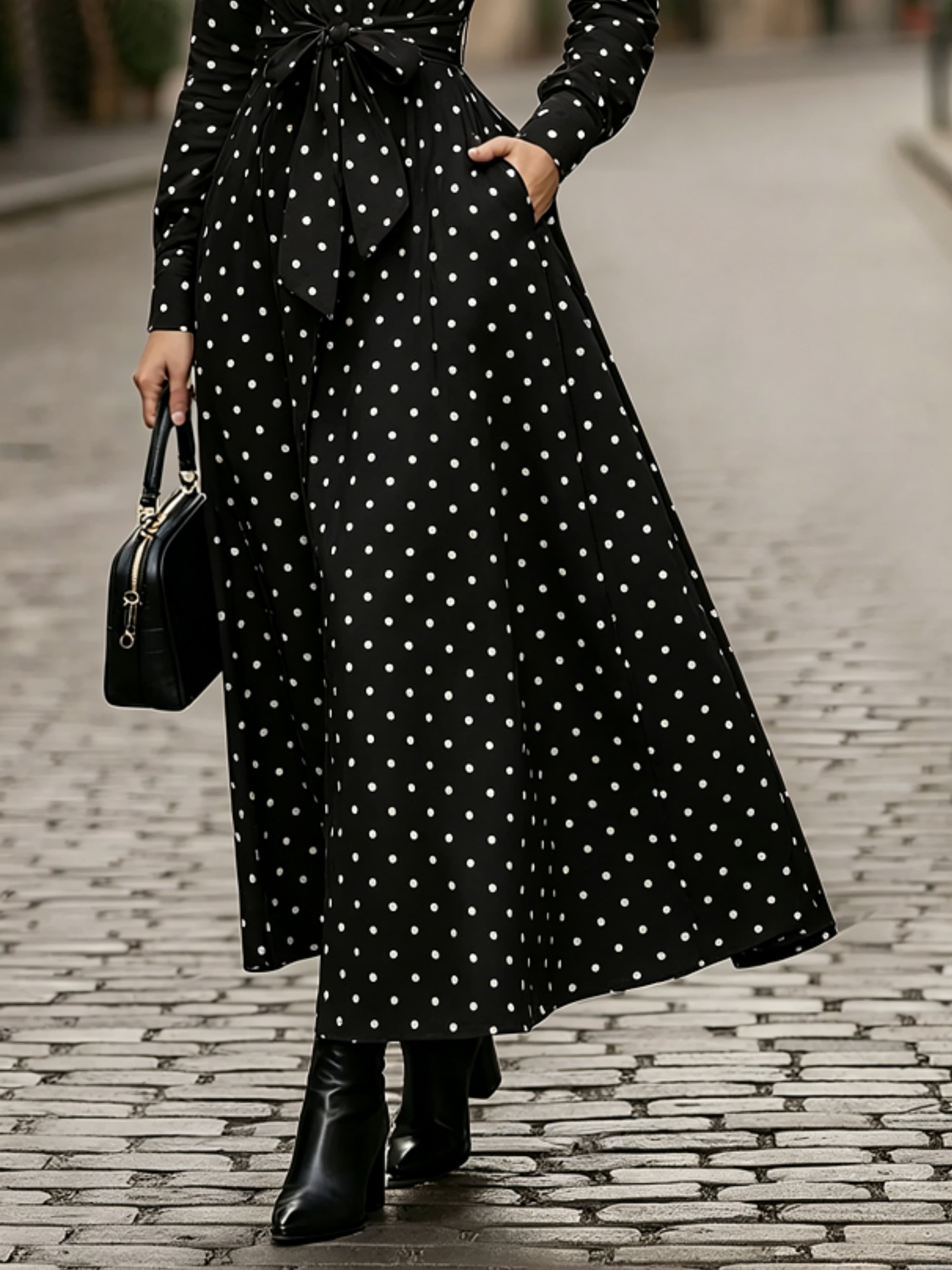 Black Polka Dot Collared Shirt Maxi Dress with Belted Waist and Pockets
