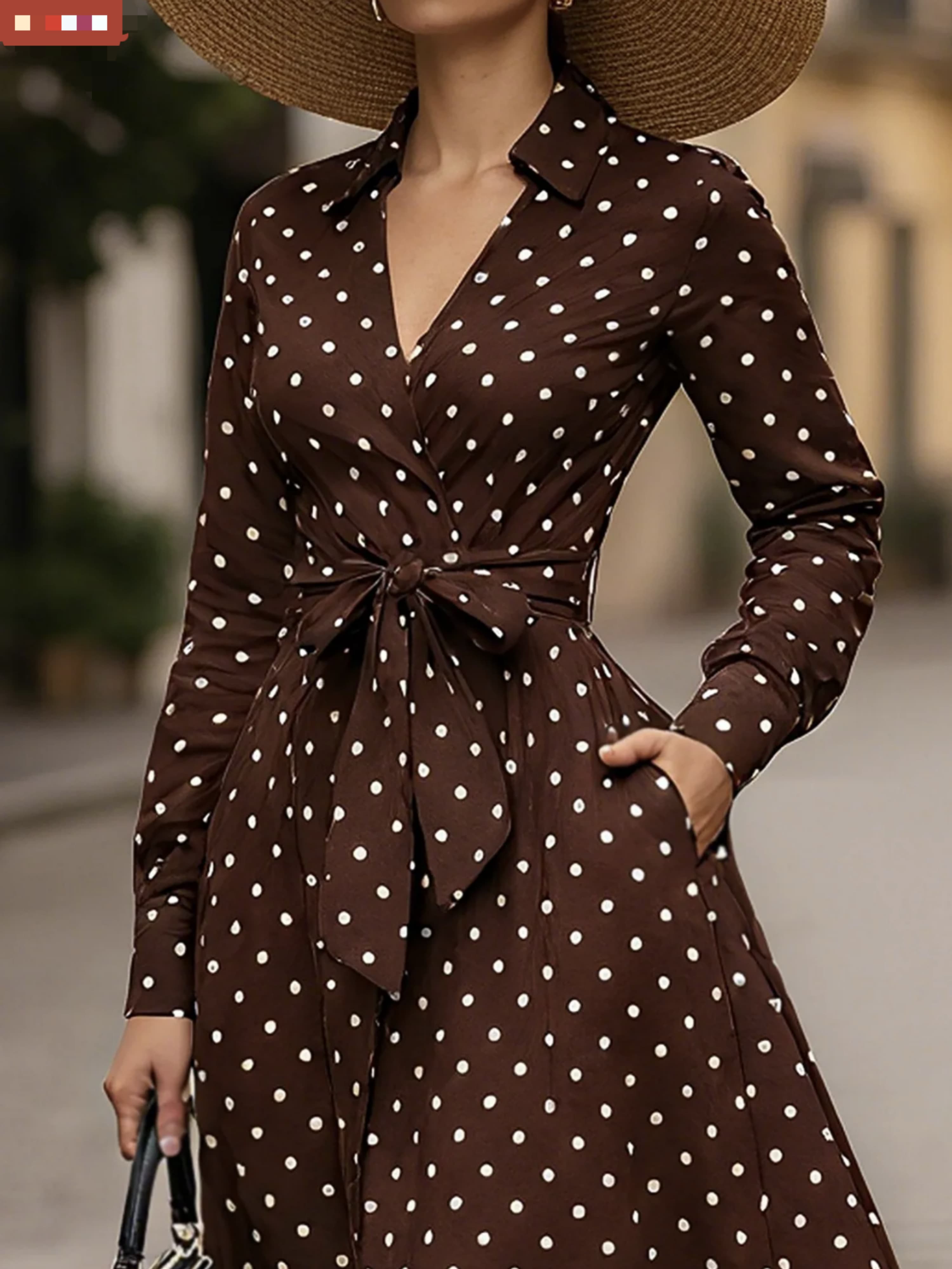 Brown Polka Dot Collared Shirt Maxi Dress with Belted Waist and Side Pockets