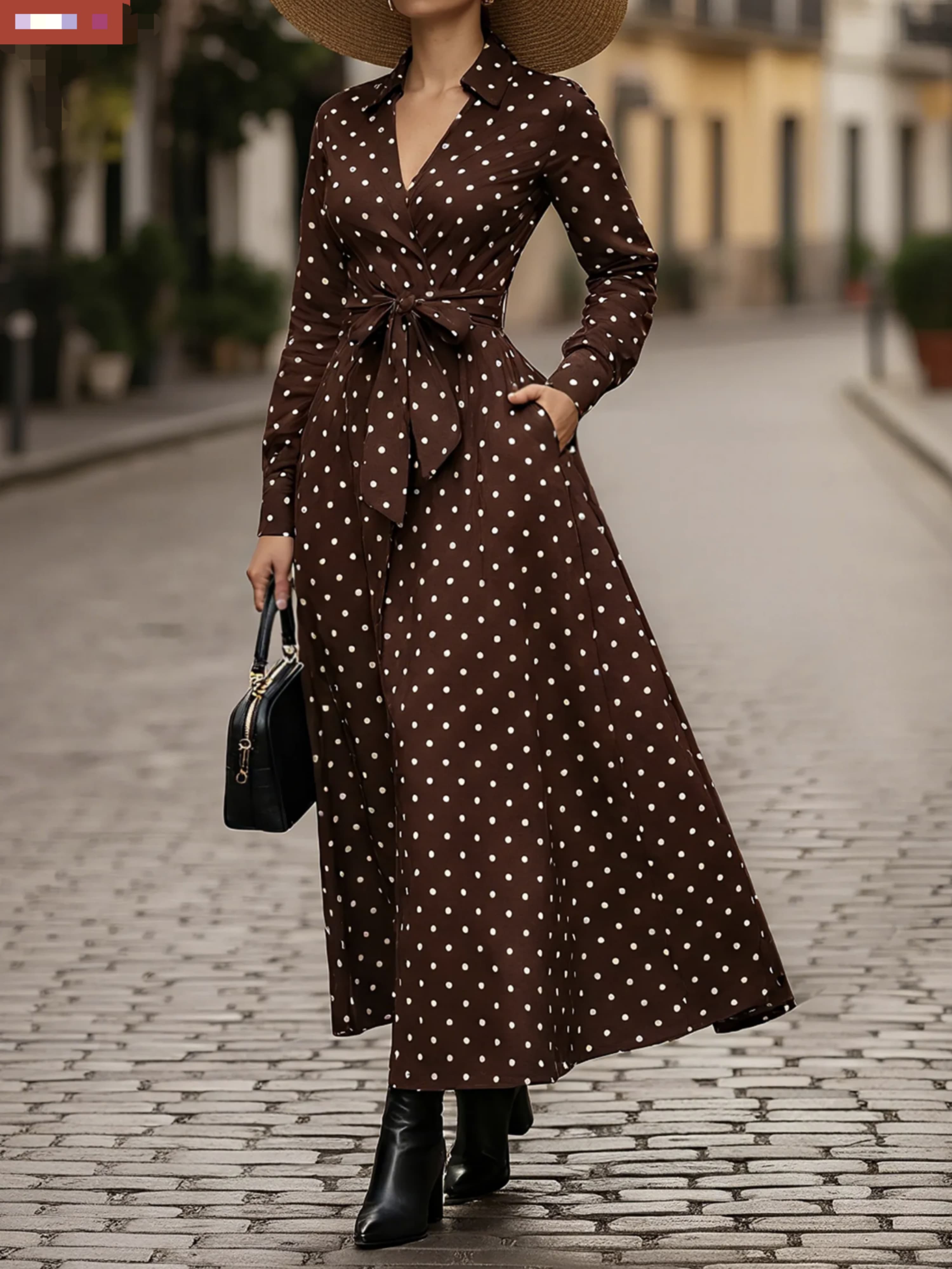 Brown Polka Dot Collared Shirt Maxi Dress with Belted Waist and Side Pockets