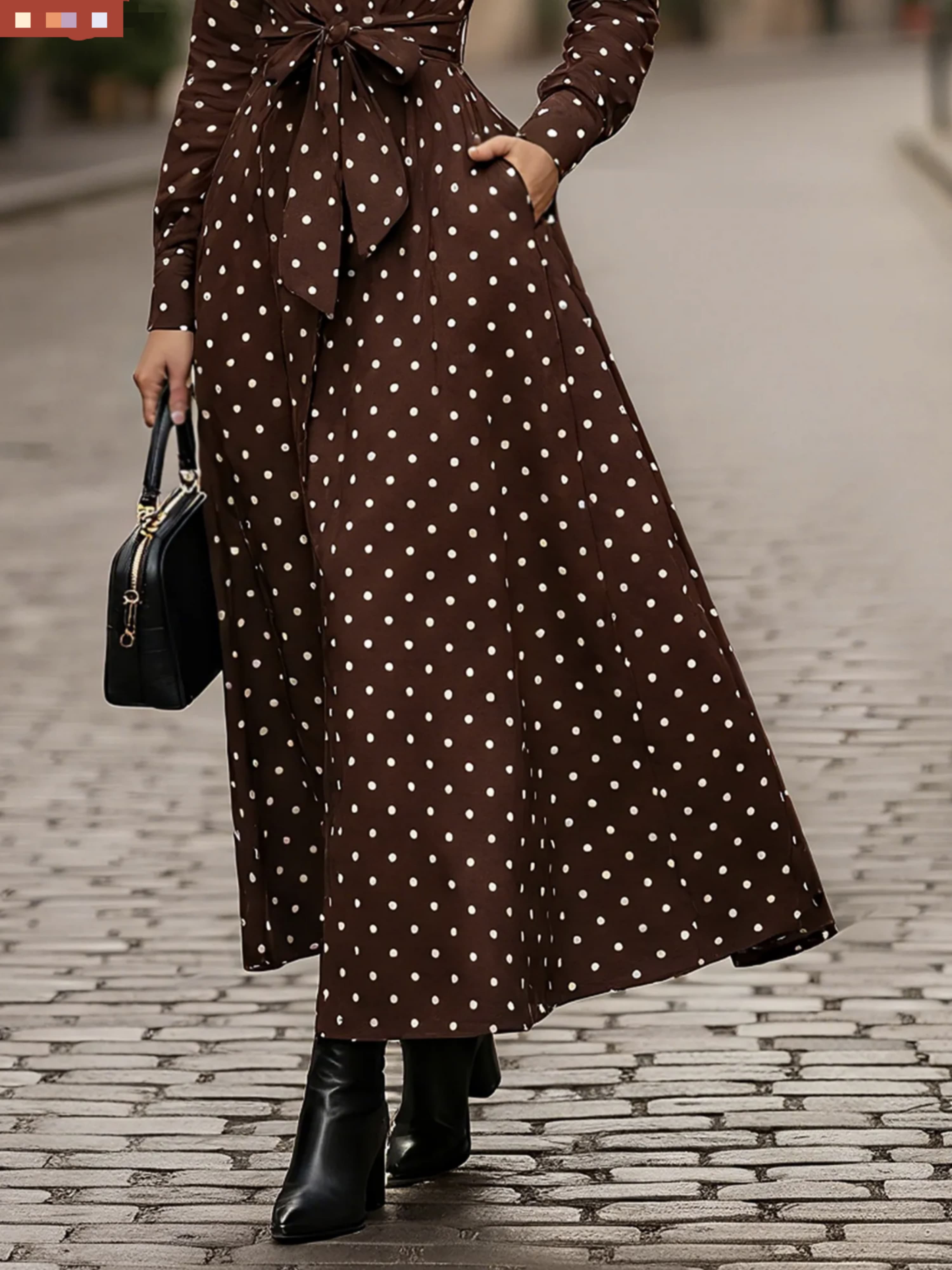 Brown Polka Dot Collared Shirt Maxi Dress with Belted Waist and Side Pockets