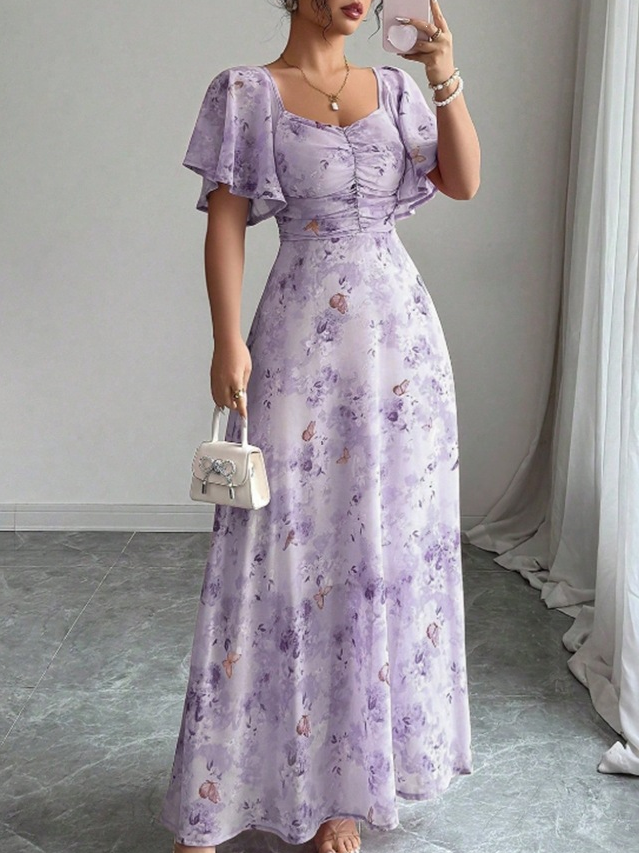 Purple Ditsy Print Midi Tea Dress with Short Sleeves