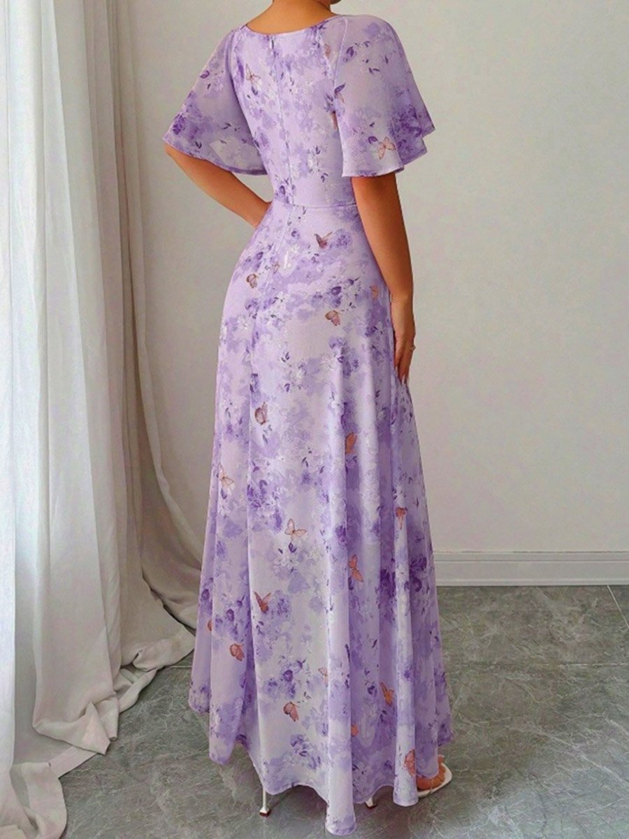 Purple Ditsy Print Midi Tea Dress with Short Sleeves