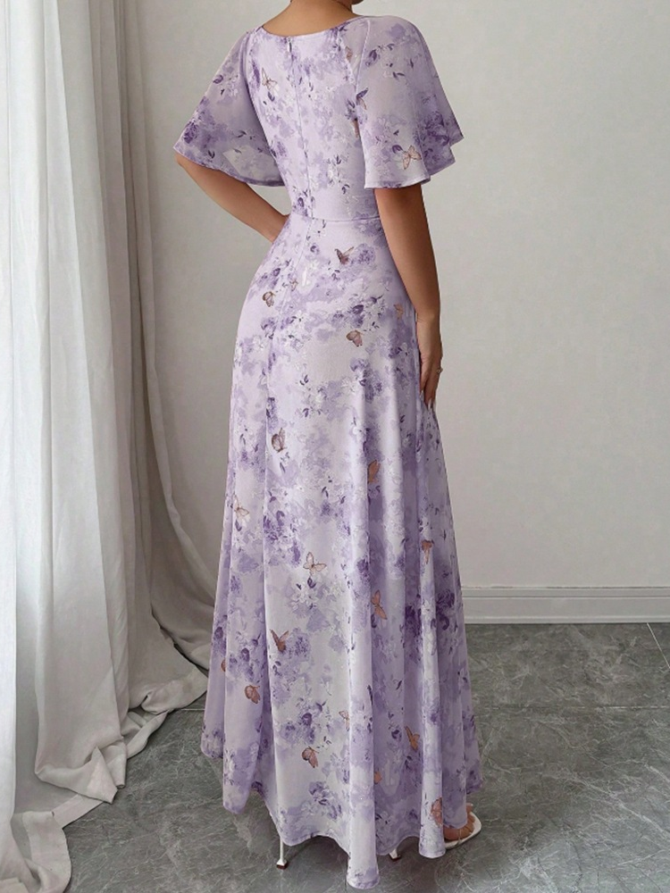 Purple Ditsy Print Midi Tea Dress with Short Sleeves