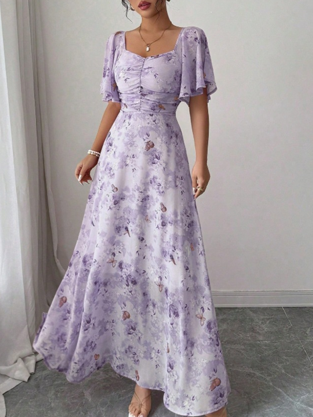 Purple Ditsy Print Midi Tea Dress with Short Sleeves