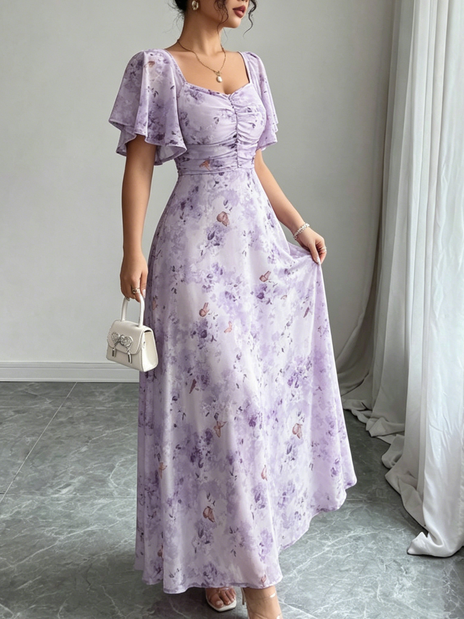 Purple Ditsy Print Midi Tea Dress with Short Sleeves