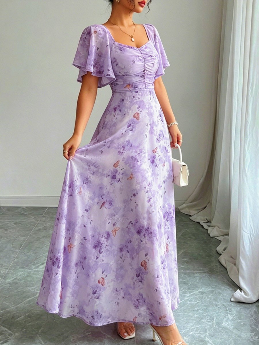 Purple Ditsy Print Midi Tea Dress with Short Sleeves