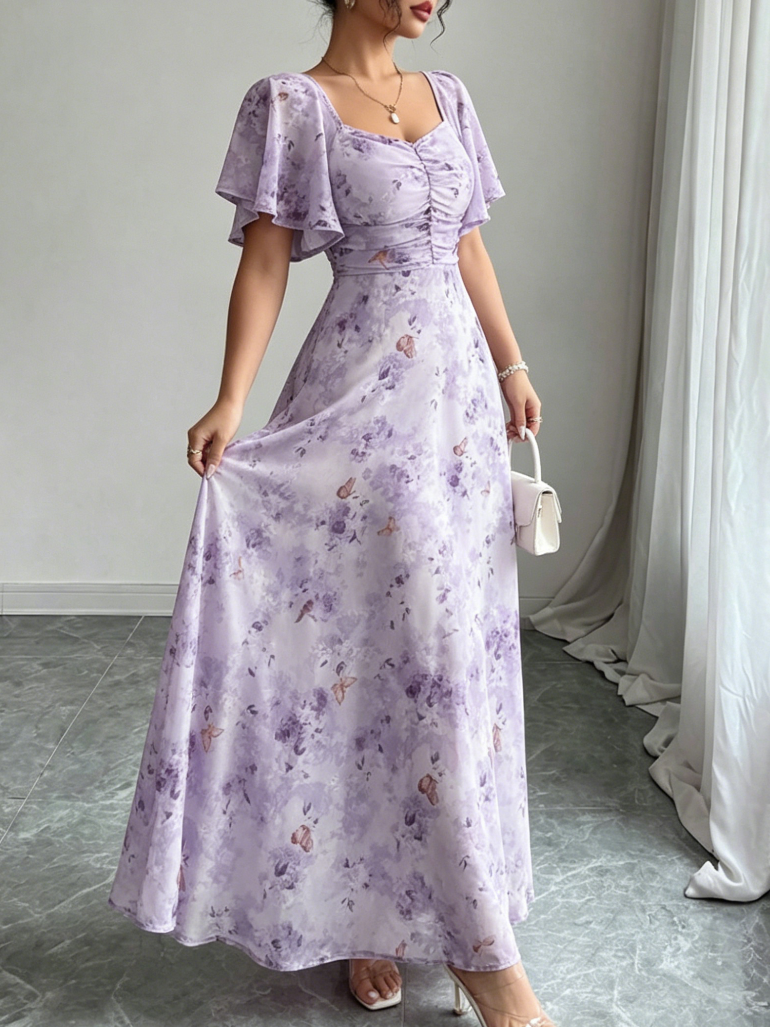 Purple Ditsy Print Midi Tea Dress with Short Sleeves