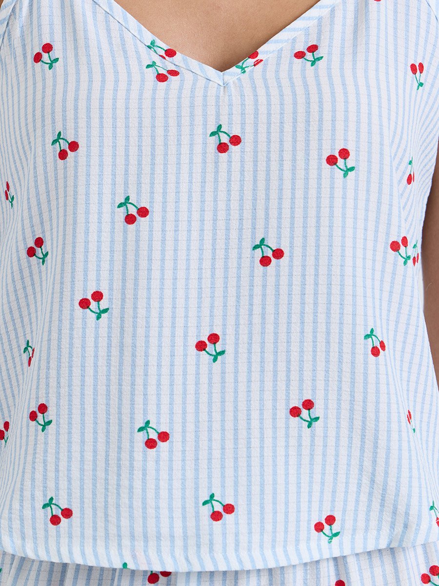 Light Blue Cherry Stripe Cami and Straight Pyjama Set