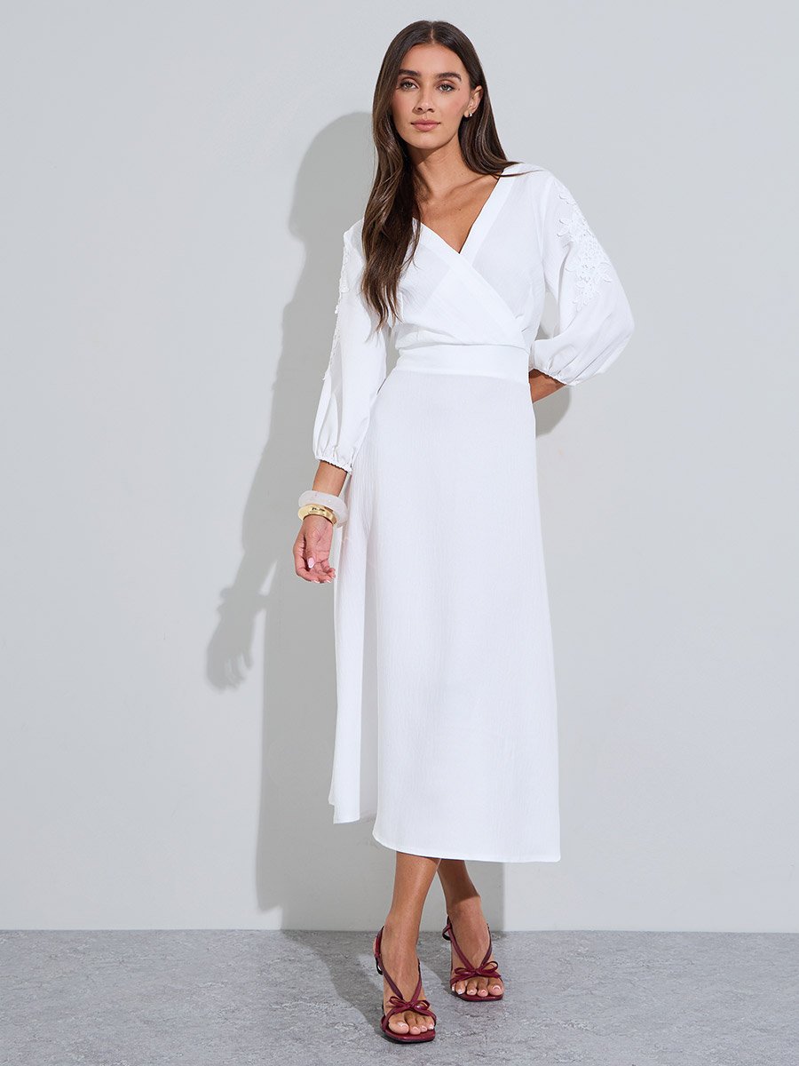White Solid Lace Details  3/4 Puff Sleeves A-Line Midi Dress