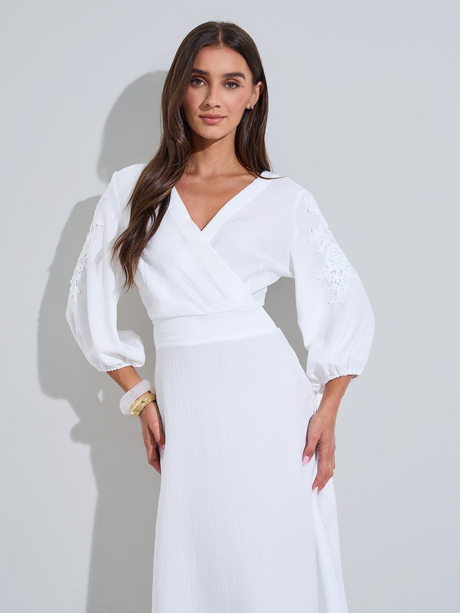 White Solid Lace Details  3/4 Puff Sleeves A-Line Midi Dress