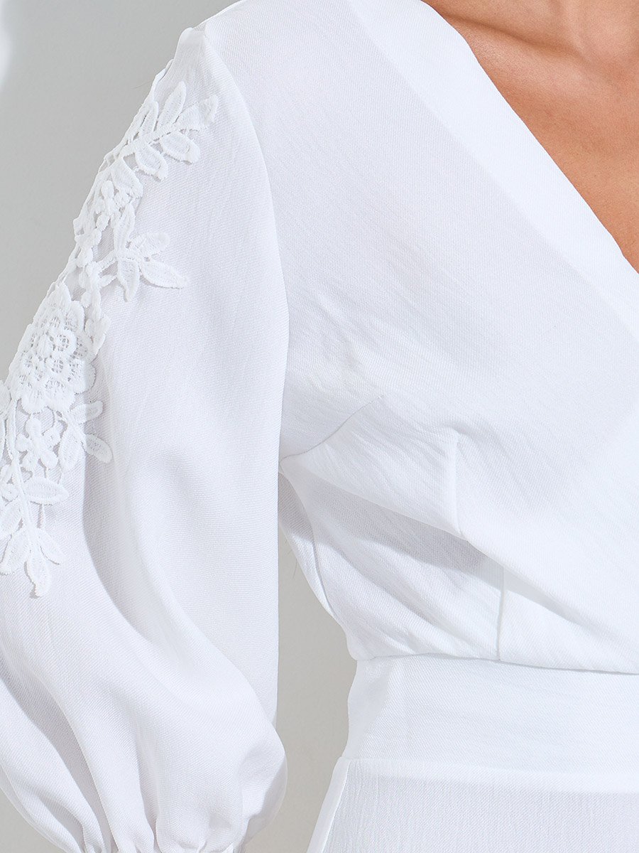 White Solid Lace Details  3/4 Puff Sleeves A-Line Midi Dress