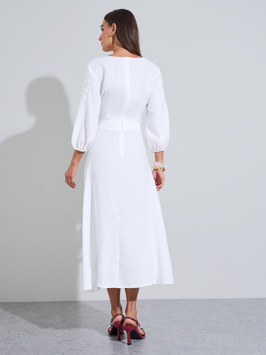White Solid Lace Details  3/4 Puff Sleeves A-Line Midi Dress