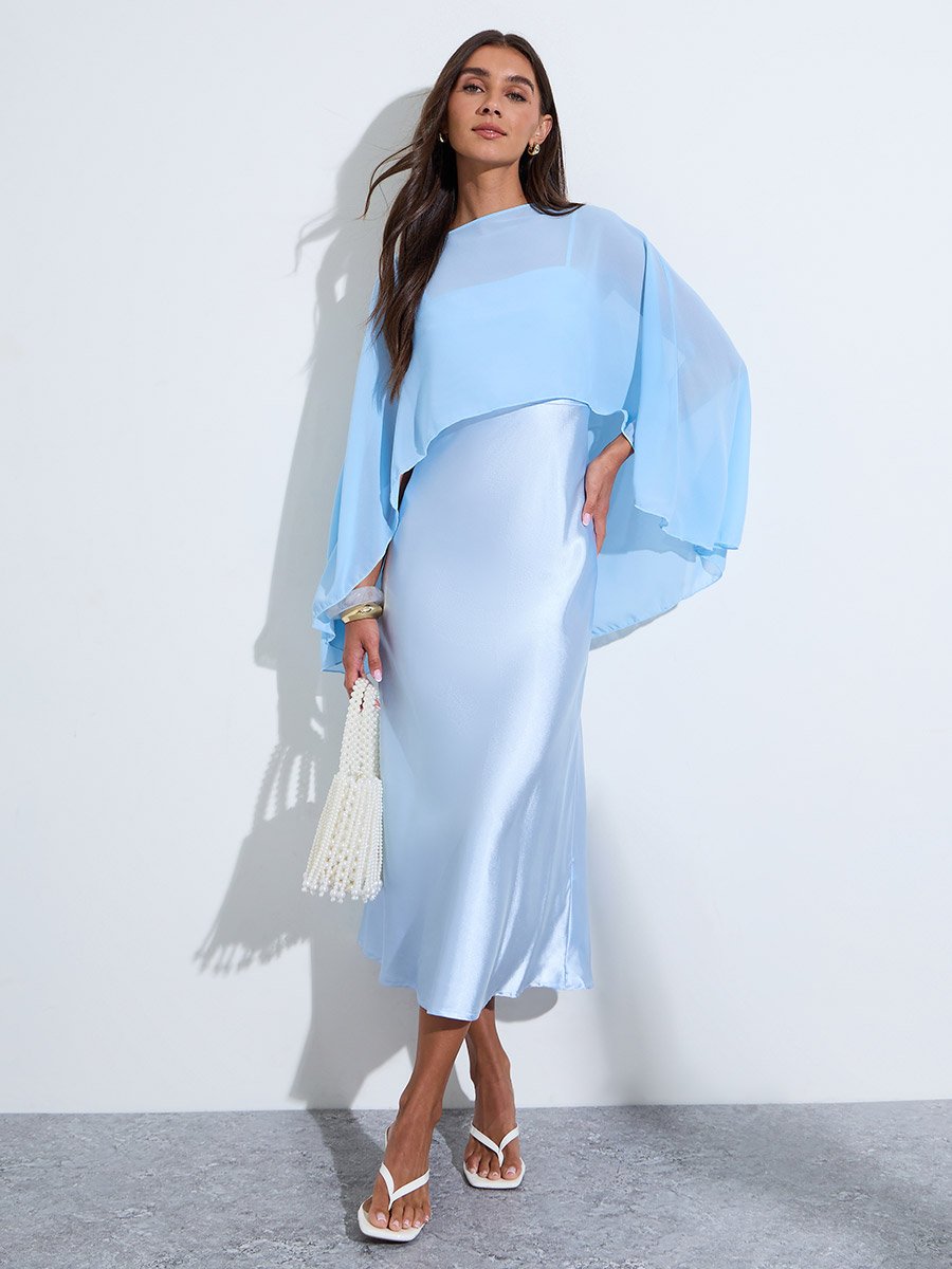 Blue Solid Satin Strappy A-Line Midi Dress with Shawl