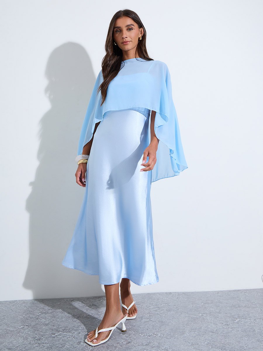 Blue Solid Satin Strappy A-Line Midi Dress with Shawl
