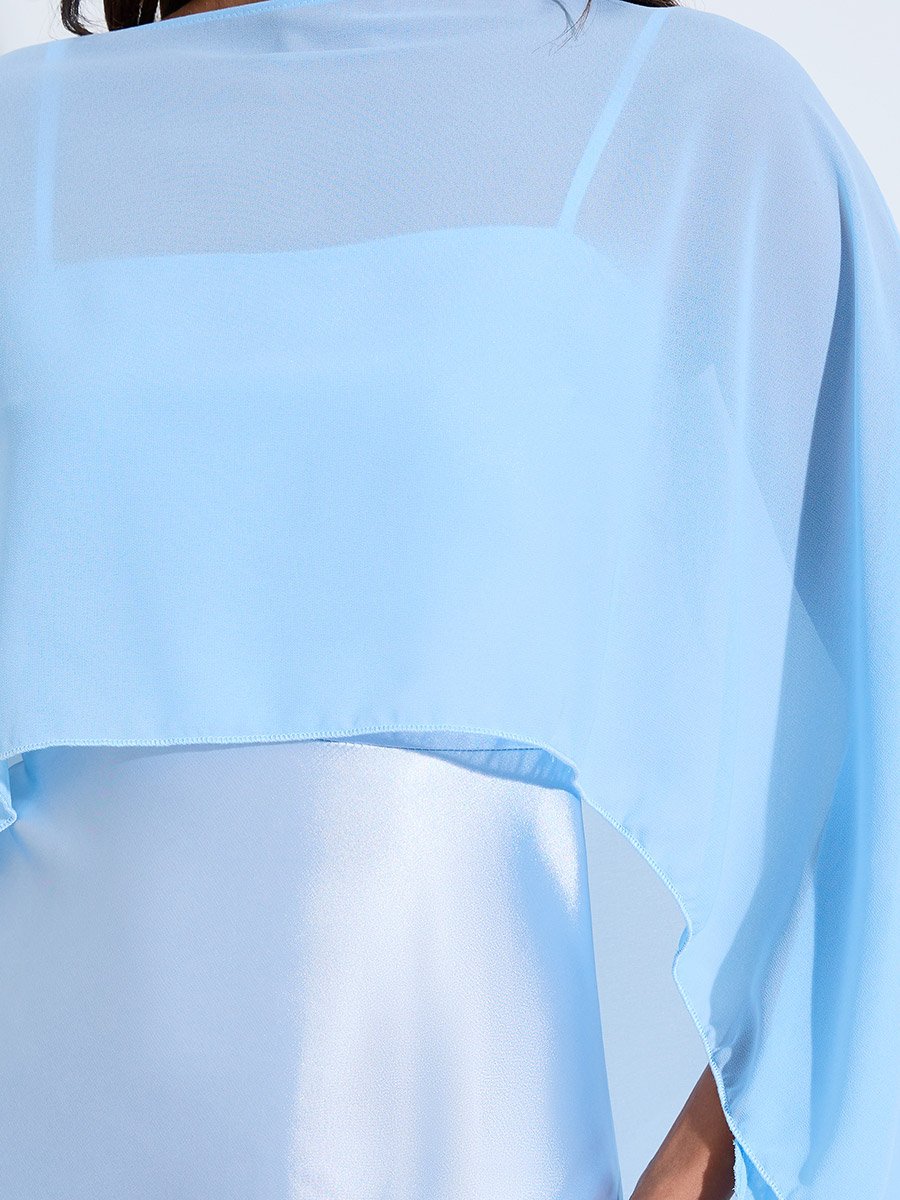 Blue Solid Satin Strappy A-Line Midi Dress with Shawl