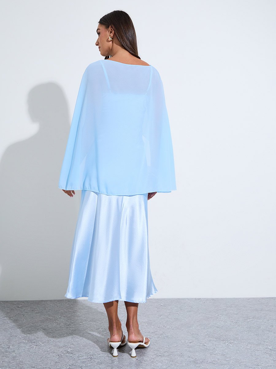 Blue Solid Satin Strappy A-Line Midi Dress with Shawl