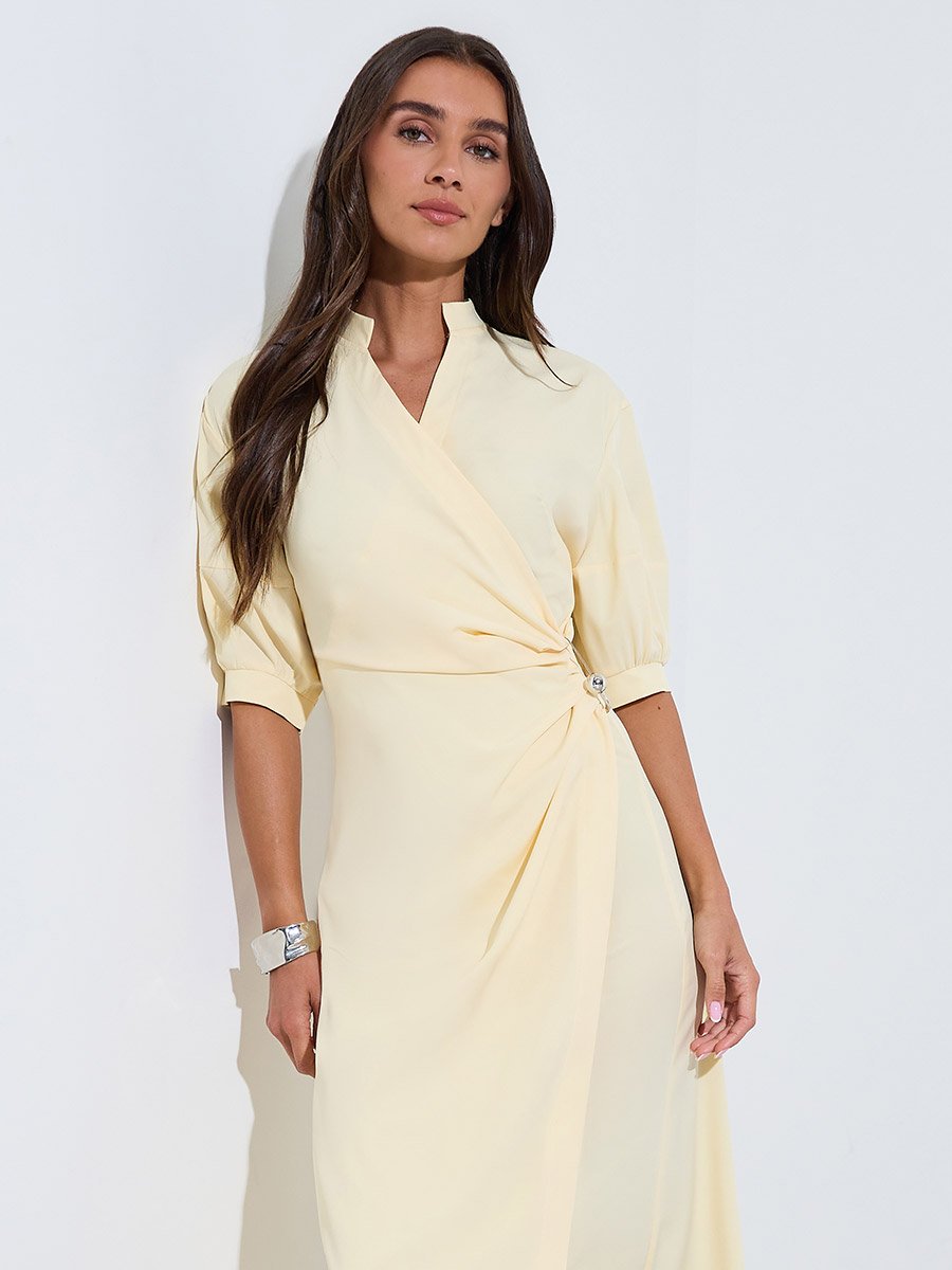 Yellow Solid Side Gathered Detail Short puff Sleeves Midi Dress