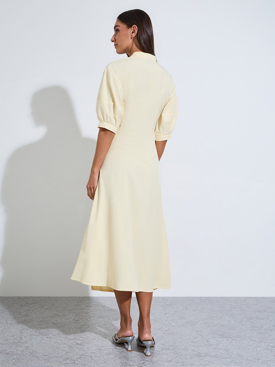 Yellow Solid Side Gathered Detail Short puff Sleeves Midi Dress
