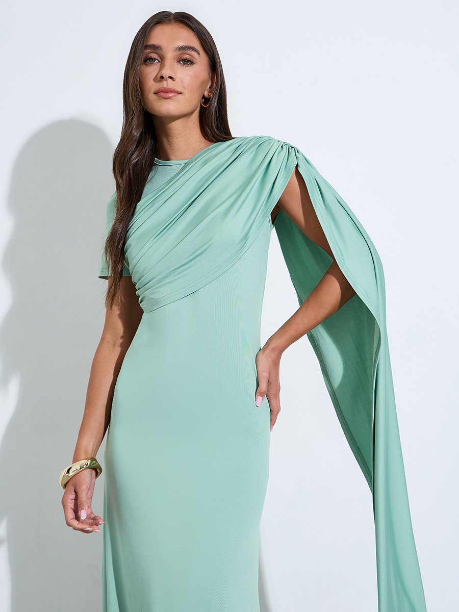 Mint Green Solid Short Sleeves Midi Dress with Shawl