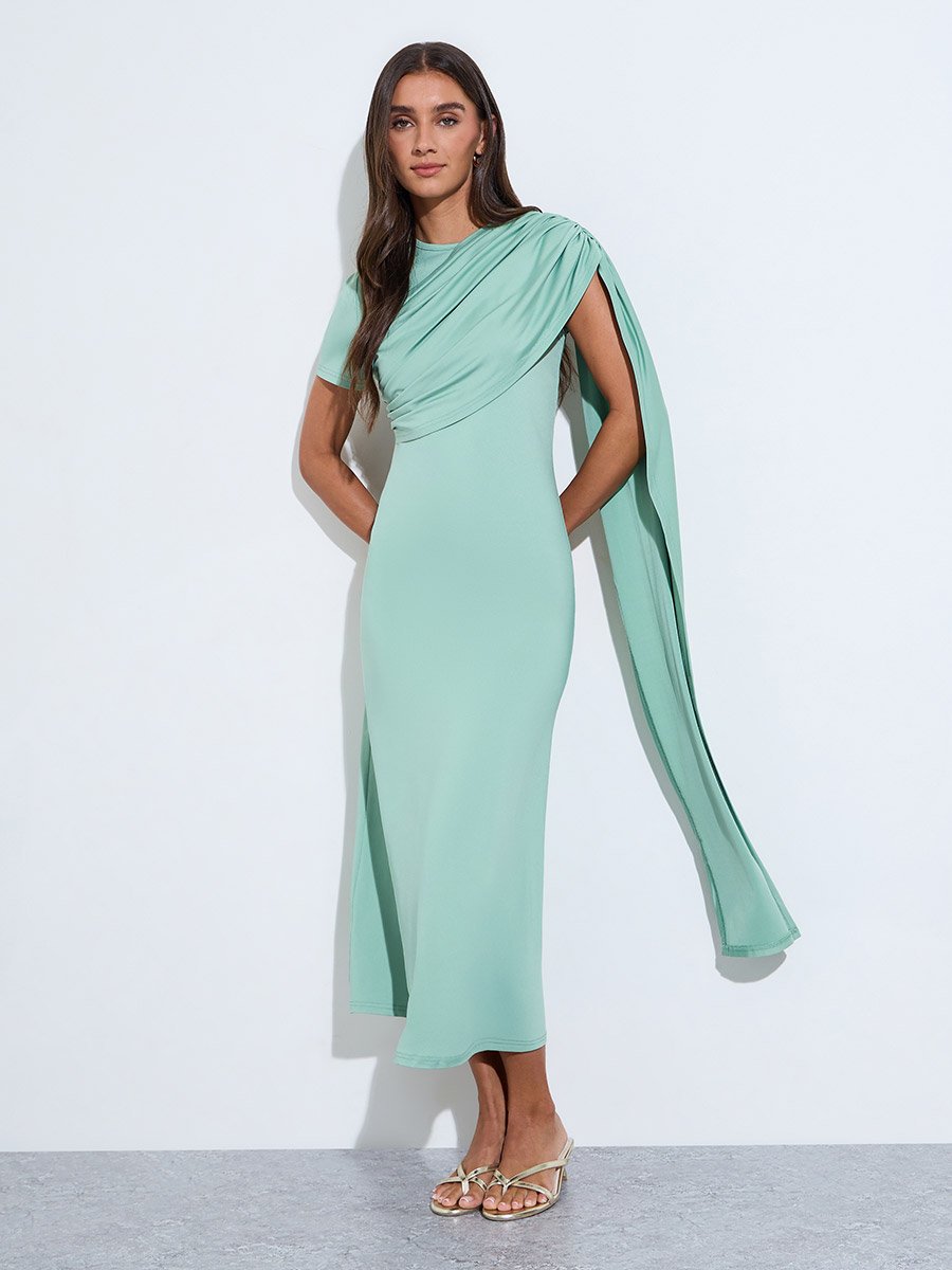 Mint Green Solid Short Sleeves Midi Dress with Shawl