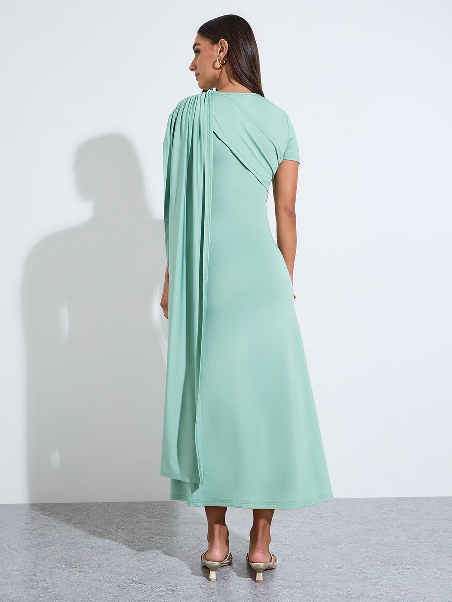Mint Green Solid Short Sleeves Midi Dress with Shawl