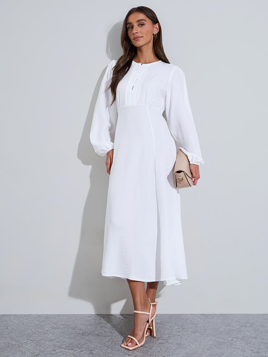 White Solid Button Detail long Sleeves A-Line Midi Dress