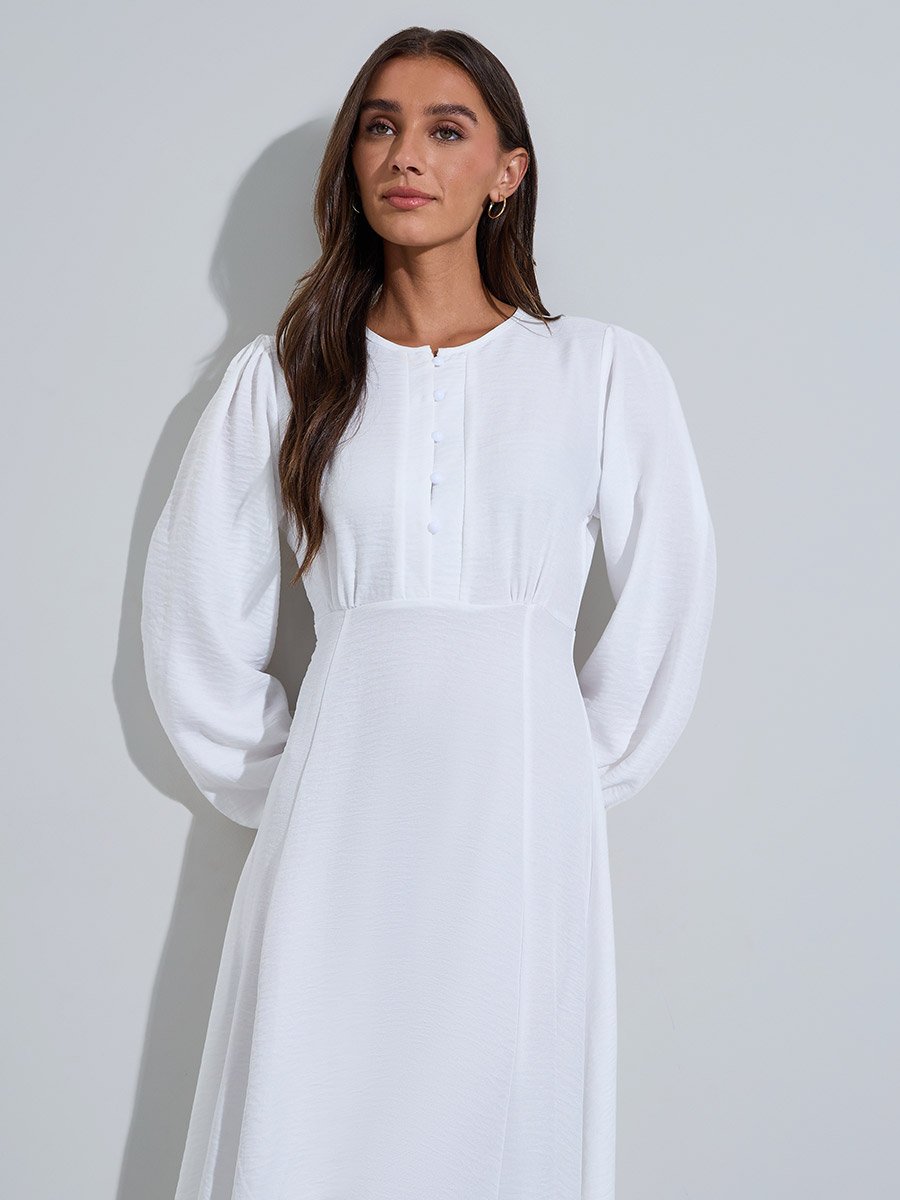 White Solid Button Detail long Sleeves A-Line Midi Dress
