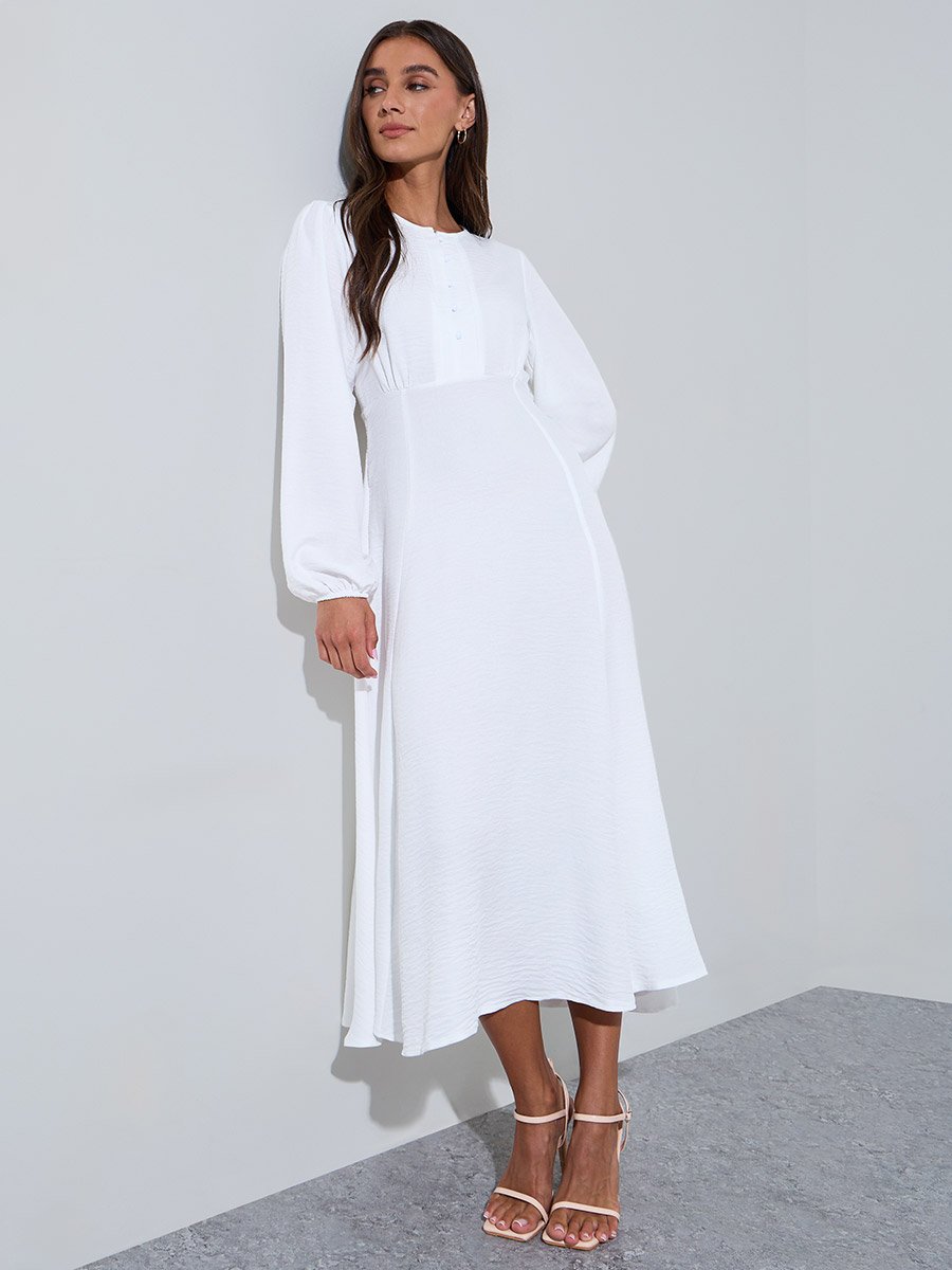 White Solid Button Detail long Sleeves A-Line Midi Dress