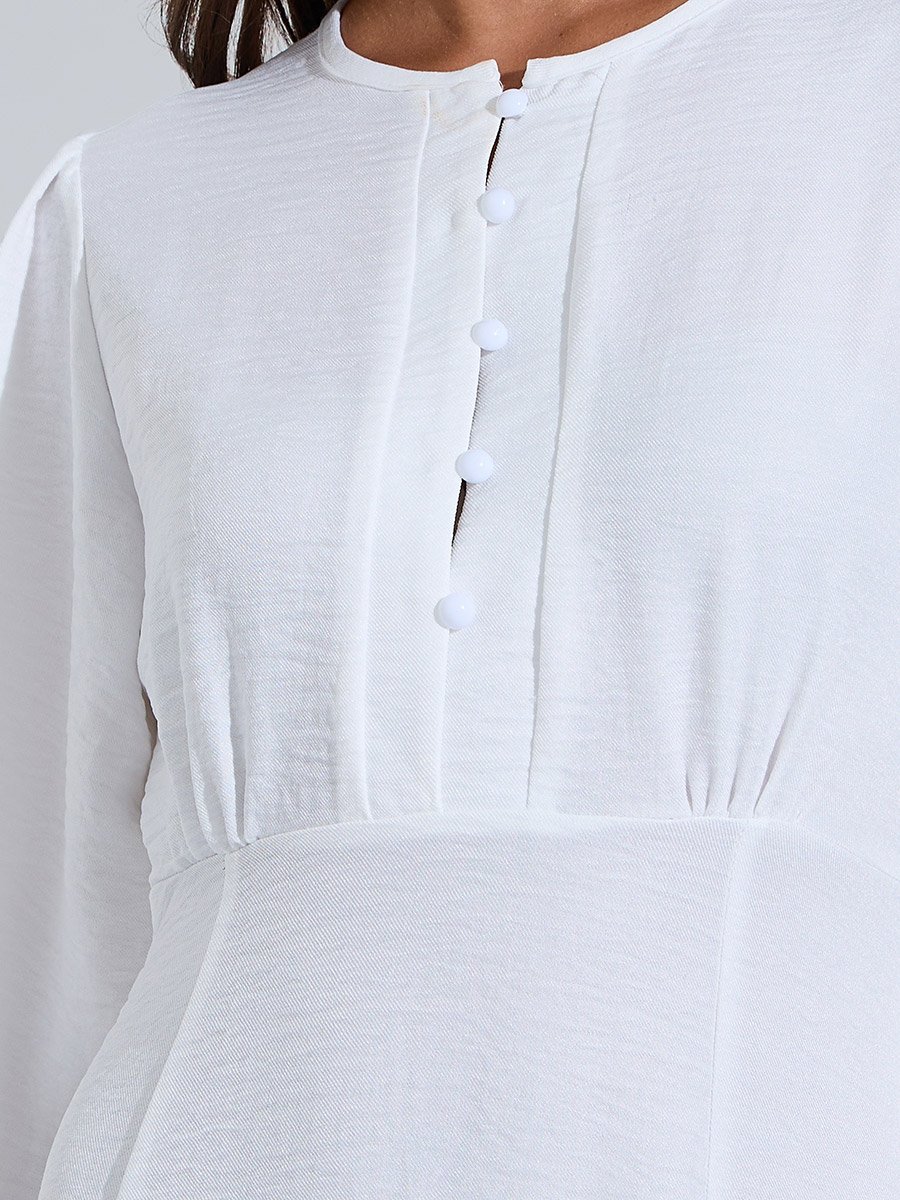 White Solid Button Detail long Sleeves A-Line Midi Dress