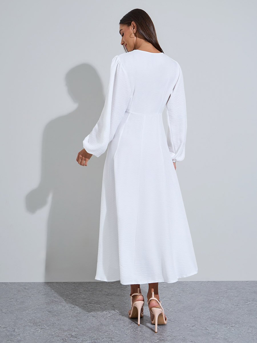 White Solid Button Detail long Sleeves A-Line Midi Dress