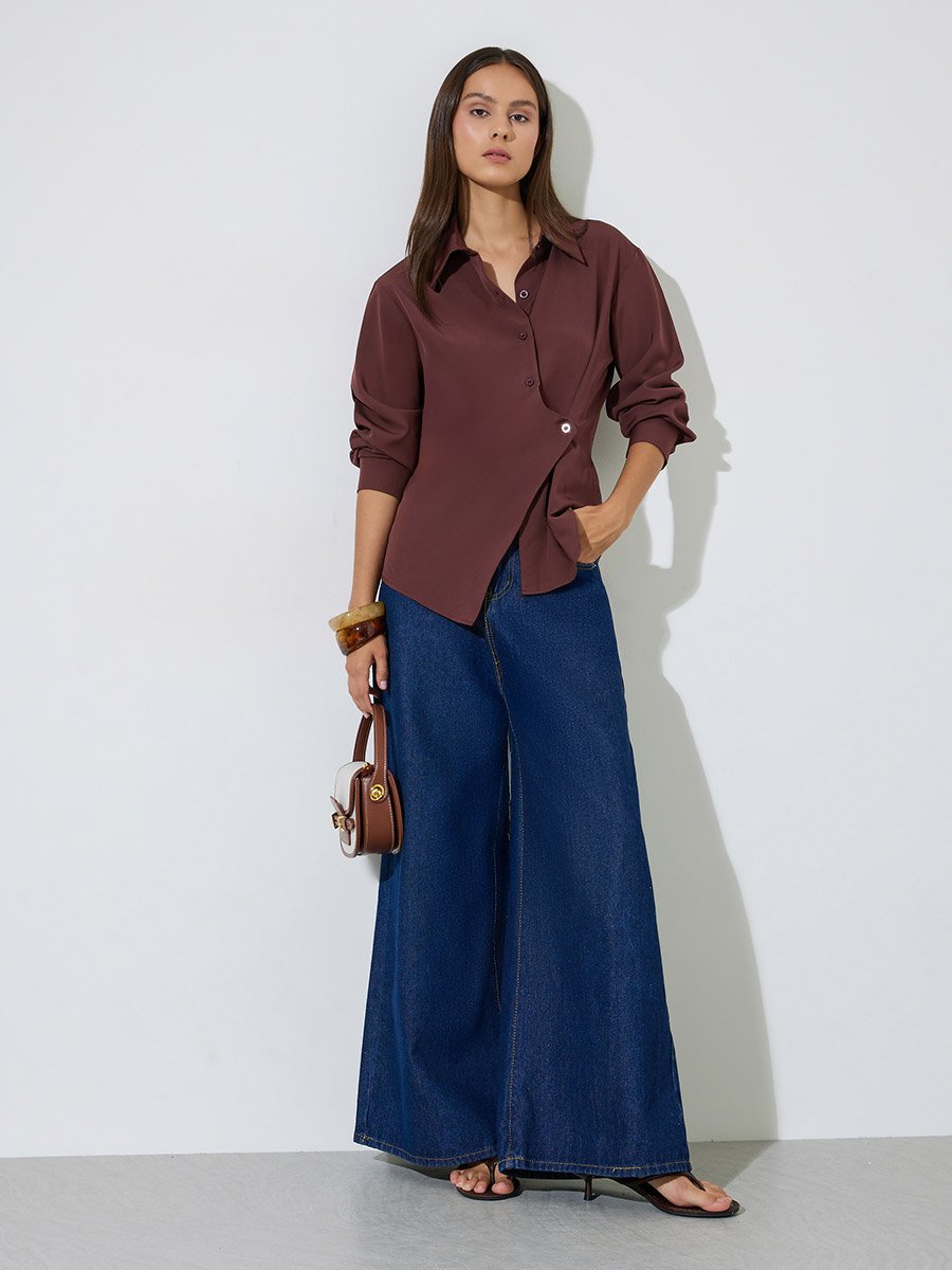 Brown Solid Long Sleeve Asymmetrical Shirt