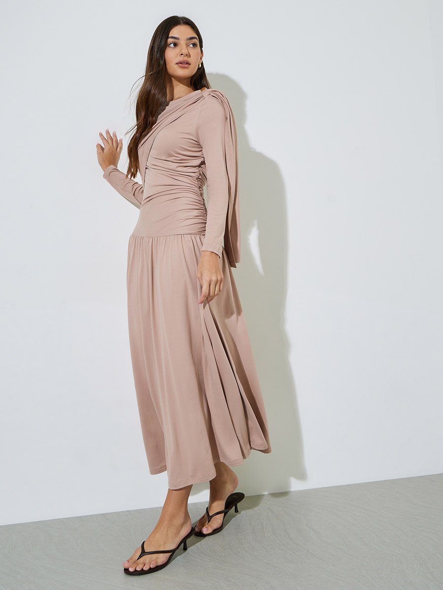 Nude Ruched Details Long Sleeve A-Line Maxi Dress