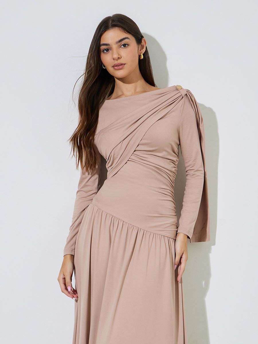 Nude Ruched Details Long Sleeve A-Line Maxi Dress